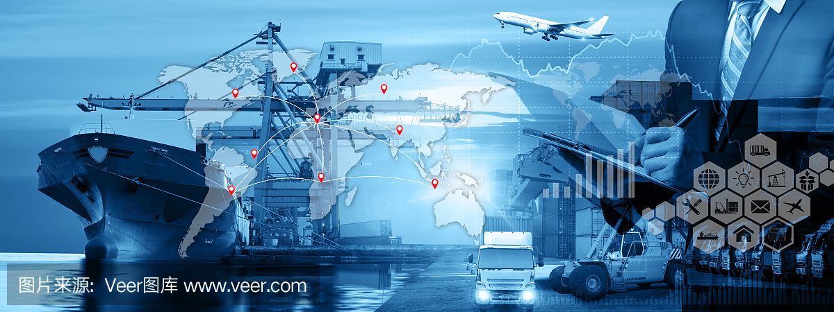 业务物流概念,全球业务连接技术接口,全球合作伙伴连接集装箱货运船舶为物流进出口背景,物联网